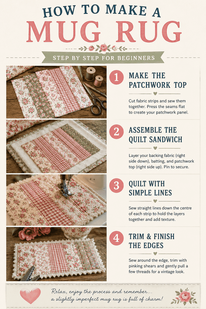 Step-by-step infographic showing how to make a vintage-style mug rug using floral fabric scraps, batting and simple quilting techniques