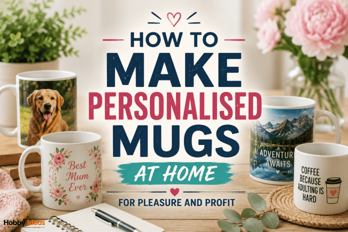 Personalised mugs displayed on a craft workspace showing custom photo mugs, gift mugs and hobby mug designs for home mug printing.