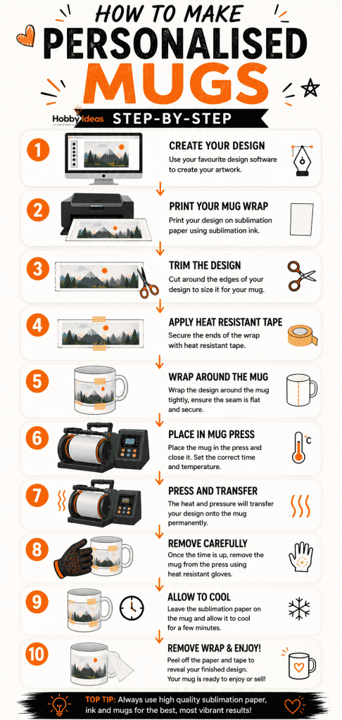 Vertical step-by-step infographic explaining how to make personalised mugs using sublimation printing, showing the process from creating a design and printing a mug wrap through taping, pressing, cooling and revealing the finished custom mug.