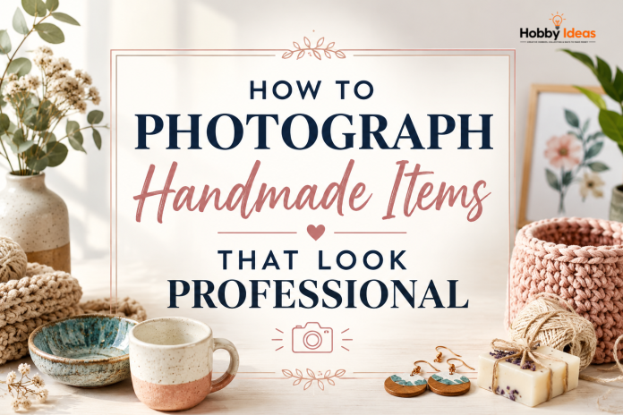How to Photograph Handmade Items That Look Professional Handmade craft products including pottery, crochet and jewellery arranged in natural light for professional handmade product photography tips