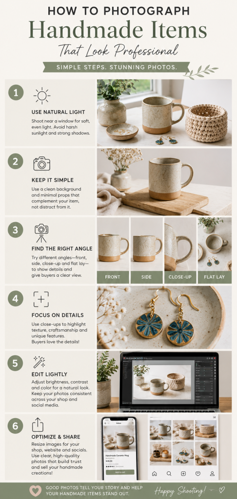 Vertical infographic showing six steps for photographing handmade items, including natural light, simple backgrounds, camera angles, detail shots, editing and image optimisation