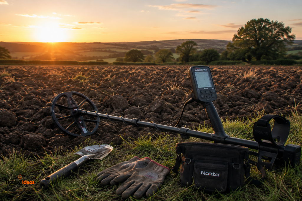 Metal detecting equipment in a countryside field at sunrise, showing a detector and gloves ready for a day of searching.
