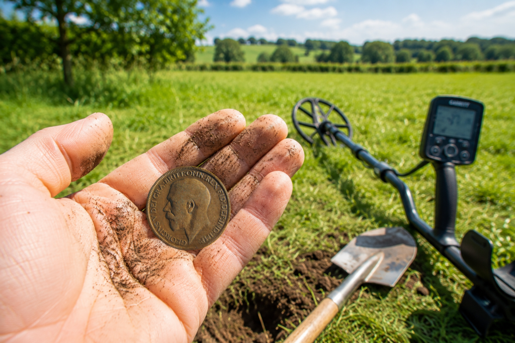 a metal detectorist with a coin in his hand showing what finds can be expected when metal detecting