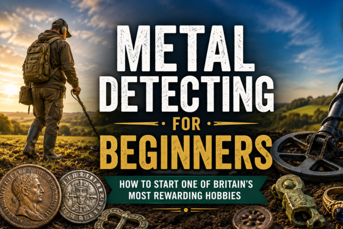 metal detecting for beginners featured image with a metal detectorist searching the fields against a darkening sky