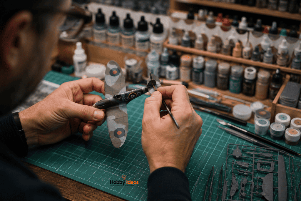 Model builder carefully painting a scale aircraft at a hobby workbench surrounded by paints, tools and model kit components.