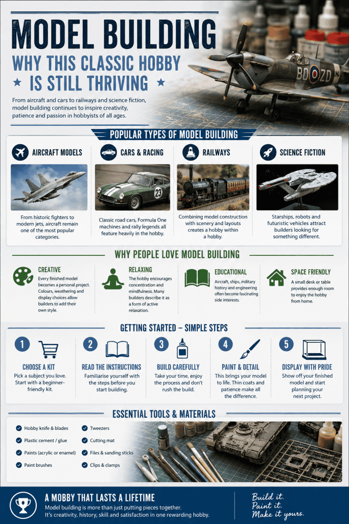 Model building infographic showing popular model types, beginner steps, essential tools and reasons why model building remains a popular creative hobby.