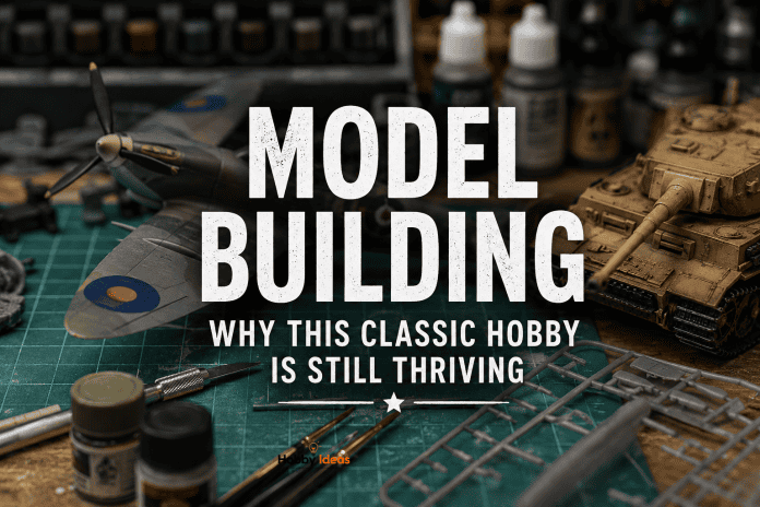 Model Building – Why This Classic Hobby Is Still Thriving Model building hobby workbench featuring a scale aircraft, military tank, paints, tools and model parts during assembly