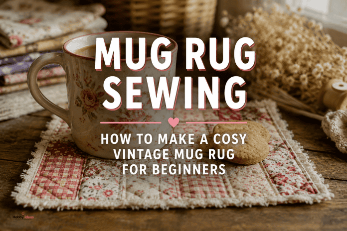 Mug Rug Sewing – Easy Vintage Mug Rug for Beginners Vintage floral mug rug sewing project with patchwork fabric, tea mug and biscuits on a rustic wooden table