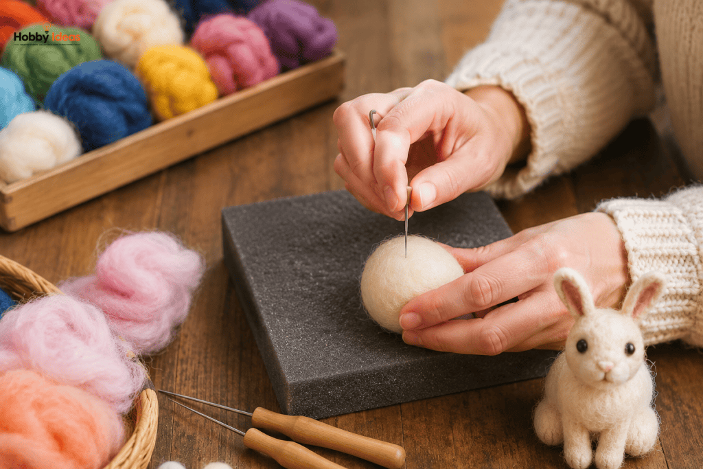 Hands needle felting a wool ball on a felting mat with colourful wool fibres and finished felt rabbit project on a wooden table.