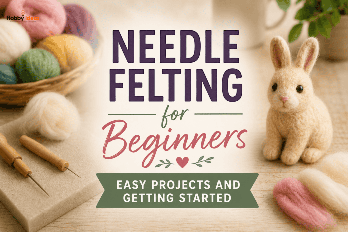 Needle Felting for Beginners: Easy Projects and Getting Started Needle felting for beginners featuring colourful wool, felting needles and a handmade felt rabbit with centred title text.