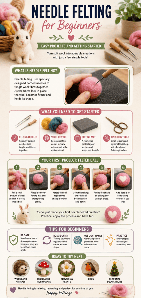 Vertical needle felting for beginners infographic showing essential tools, simple felted ball project steps, safety tips and beginner project ideas including animals, mushrooms and seasonal decorations.