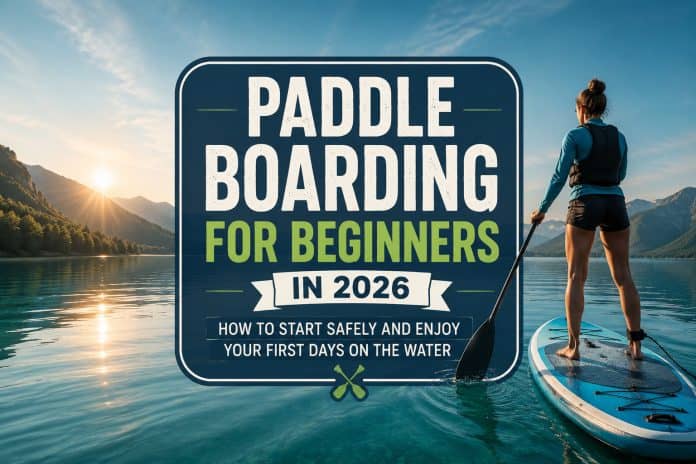 Paddle Boarding for Beginners in 2026 Paddle boarding for beginners in 2026 showing a beginner paddle boarder on calm water with mountains and safety-focused outdoor scenery
