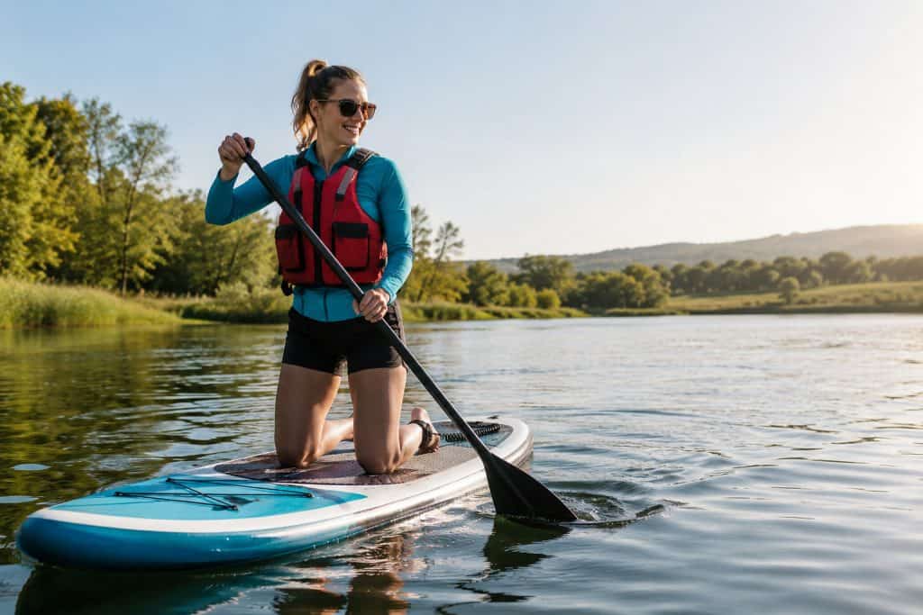Beginner paddle boarder kneeling on a paddle board while wearing a buoyancy aid on calm sheltered water