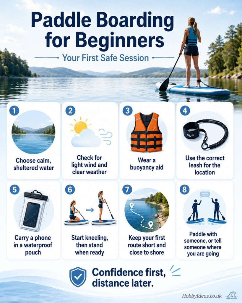 Paddle boarding for beginners infographic showing calm water, light wind, buoyancy aid, correct leash, waterproof phone pouch and short beginner route