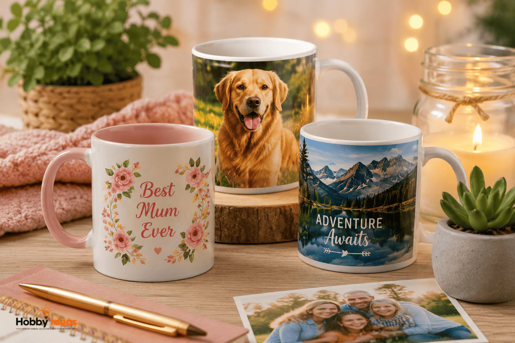 Collection of personalised mugs featuring family photos, pet portraits and custom gift designs displayed in a cosy home setting.