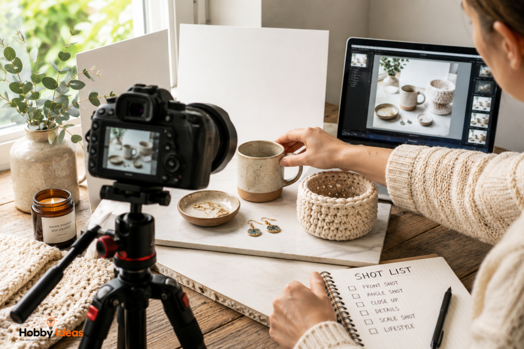 Camera on tripod photographing handmade ceramics, jewellery and crochet items beside a bright window in a home product photography studio