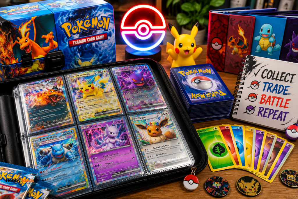 Pokémon card collection displayed in a binder with colourful trading cards, storage accessories and organised collecting supplies.