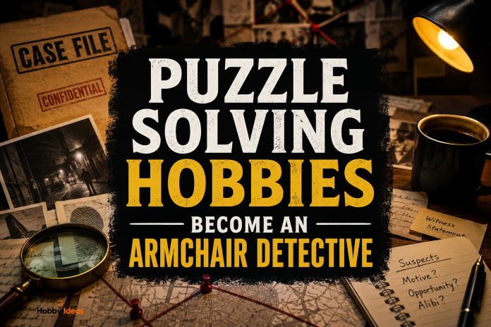 Puzzle solving hobbies detective desk with clues, cold case files, magnifying glass and armchair detective investigation board