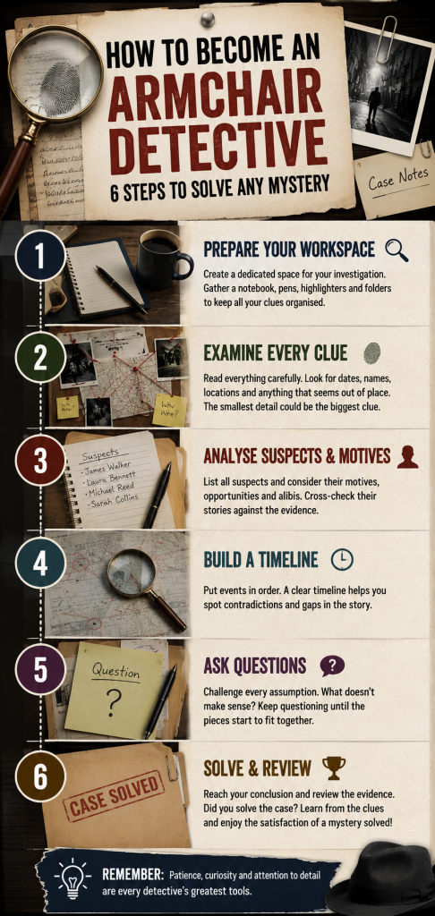 Infographic showing how to become an armchair detective with steps including examining clues, analysing suspects, building timelines and solving mystery cases