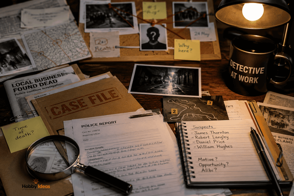 Detective case files spread across a desk with police reports, magnifying glass, suspect notes and cold case investigation evidence