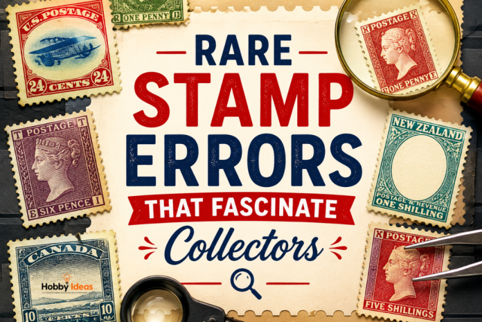 Collection of rare stamp errors including inverted designs, missing colours and unusual printing mistakes