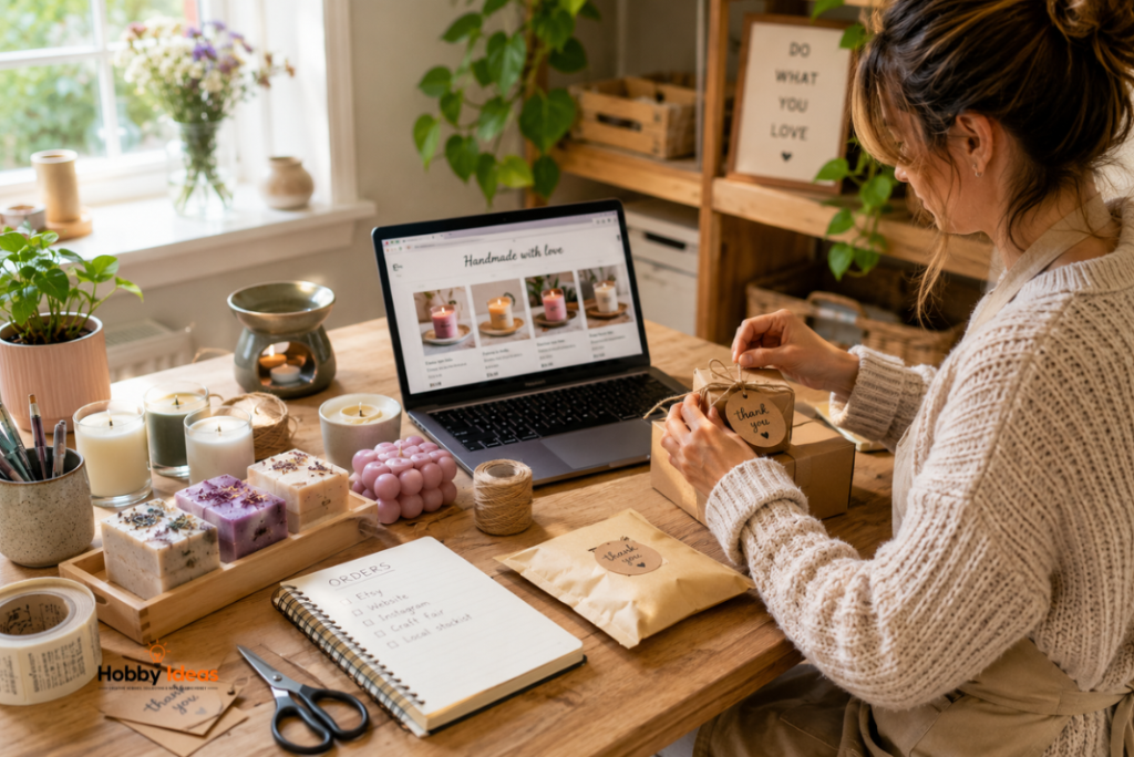 Handmade craft products prepared for sale by a hobbyist working from home