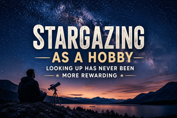 Person enjoying stargazing as a hobby beneath the Milky Way on a clear night with stars visible above a mountain lake.
