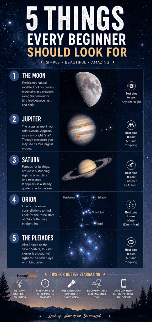 Vertical stargazing infographic showing five celestial objects beginners should look for, including the Moon, Jupiter, Saturn, Orion and the Pleiades, with practical tips for observing the night sky.