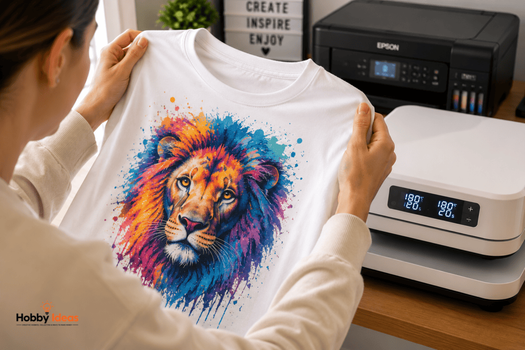Close-up of a crafter inspecting a freshly sublimated T-shirt with a colourful printed design in a home sublimation workspace.