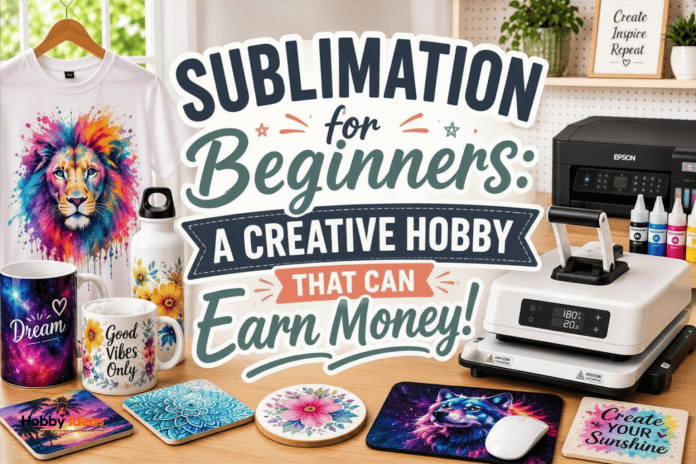 Sublimation for beginners workspace featuring sublimation printer, heat press, personalised mugs, coasters and custom printed products