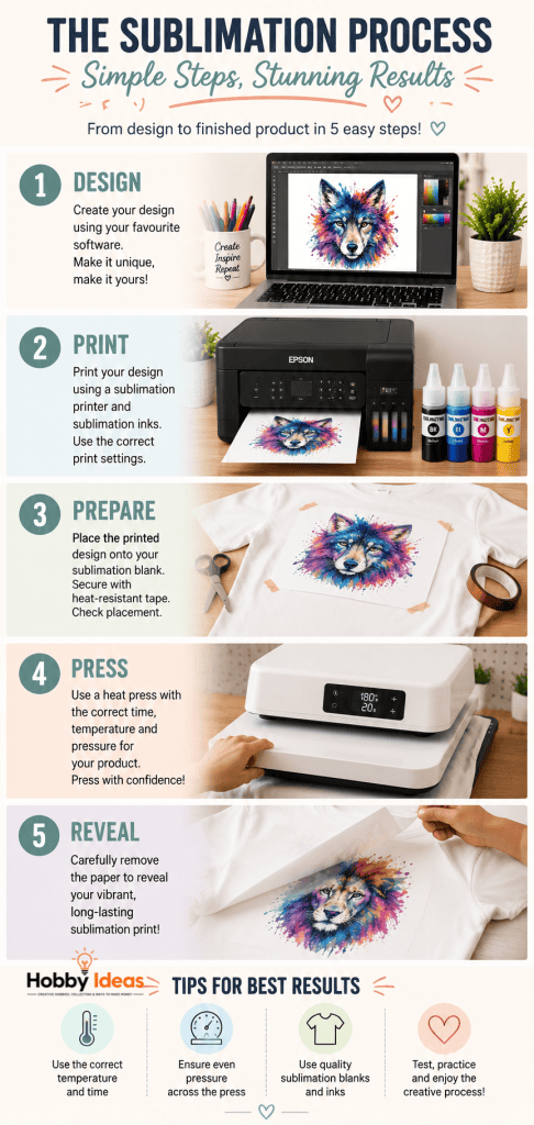 Step-by-step sublimation printing infographic showing the process from designing artwork and printing to pressing and revealing the finished sublimated product.