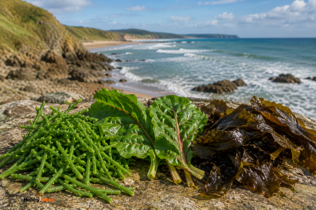 Samphire, sea beet and kelp displayed on coastal rocks overlooking a British shoreline during a UK foraging walk