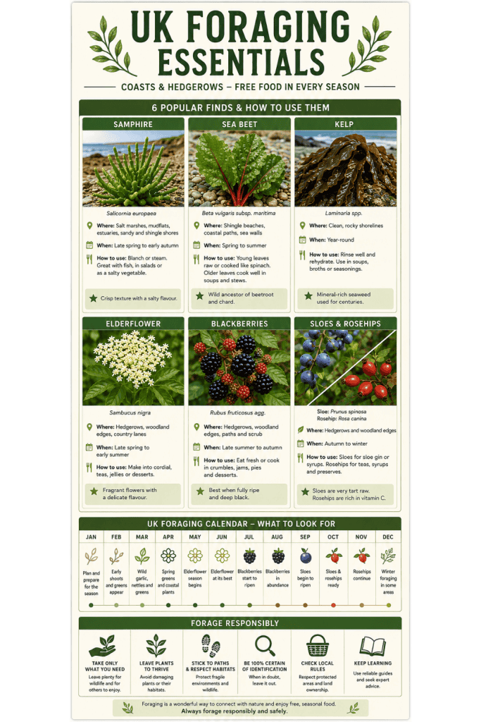 UK foraging infographic showing samphire, sea beet, kelp, elderflower, blackberries, sloes and rosehips with a seasonal foraging calendar and responsible foraging tips