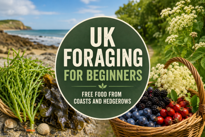 UK Foraging for Beginners – Free Food from Coasts and Hedgerows UK foraging for beginners featuring samphire, seaweed, elderflower, blackberries, sloes and rosehips gathered from British coasts and hedgerows