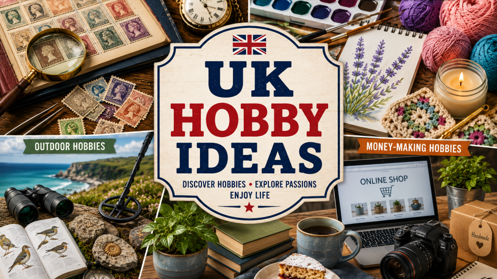 UK Hobby Ideas directory featured image showing collecting antiques, creative hobbies, outdoor hobbies, money-making hobbies, and home lifestyle hobbies in a colourful collage design.