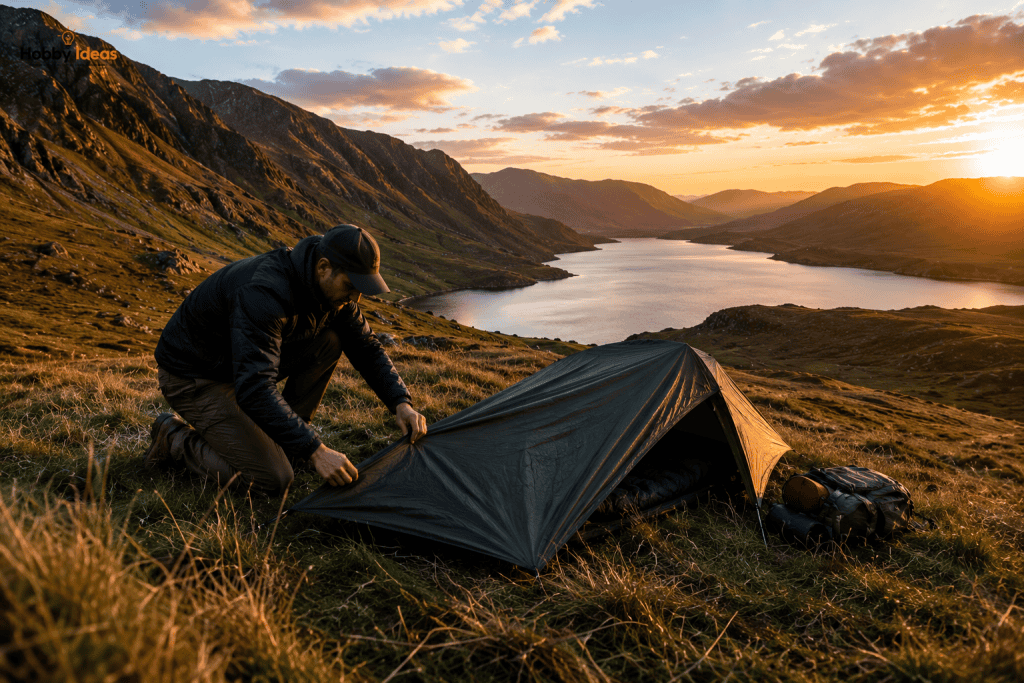 Wild camper setting up a bivvy shelter on a remote mountainside overlooking a lake at sunset during a legal wild camping trip in the UK
