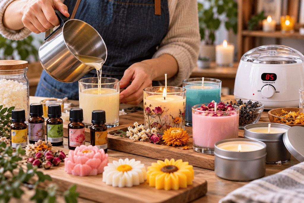 Candle making hobby featuring a beginner pouring melted soy wax into a glass jar, surrounded by colourful handmade candles, fragrance oils and candle-making equipment.