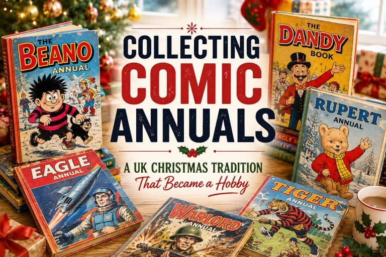 Collecting comic annuals featuring classic British Beano, Dandy, Rupert, Eagle, Tiger and Warlord annuals in a festive Christmas setting.