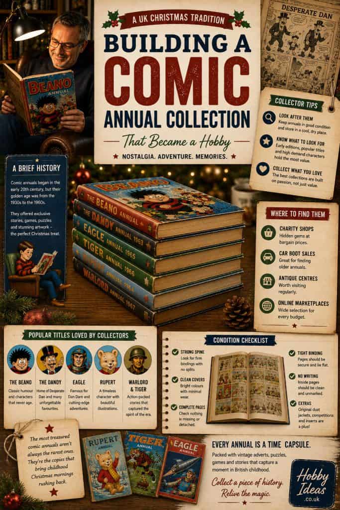 Magazine-style collector guide for collecting comic annuals featuring classic British Beano, Dandy, Eagle, Rupert, Tiger and Warlord annuals with tips on history, condition, collecting and where to find them.