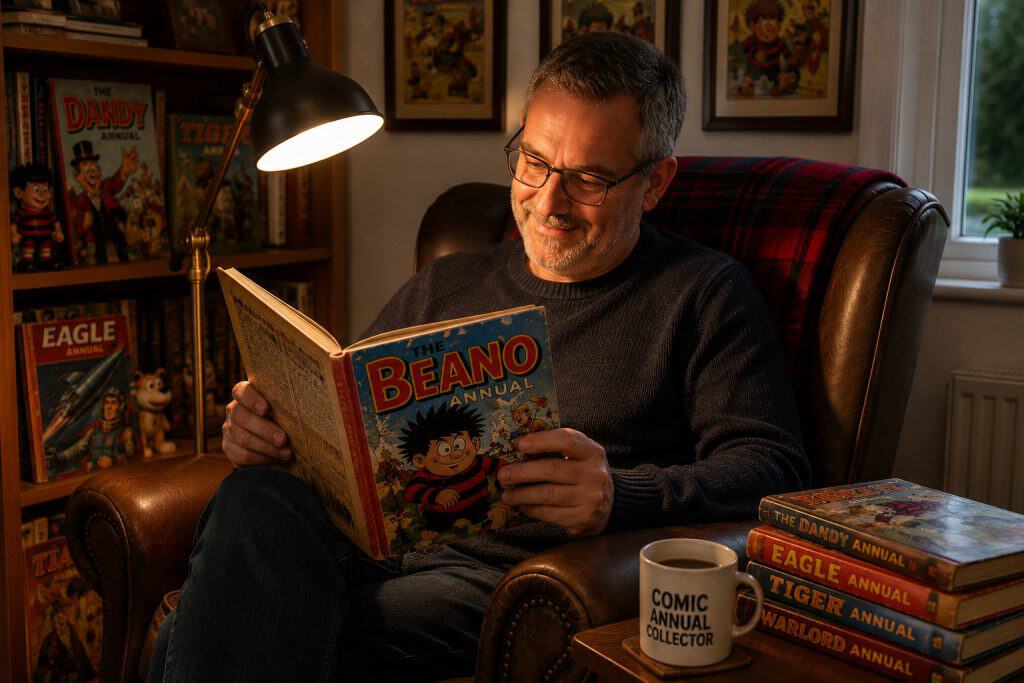 Collector relaxing in a leather armchair under a reading lamp while enjoying a vintage Beano Annual, illustrating the hobby of collecting comic annuals.