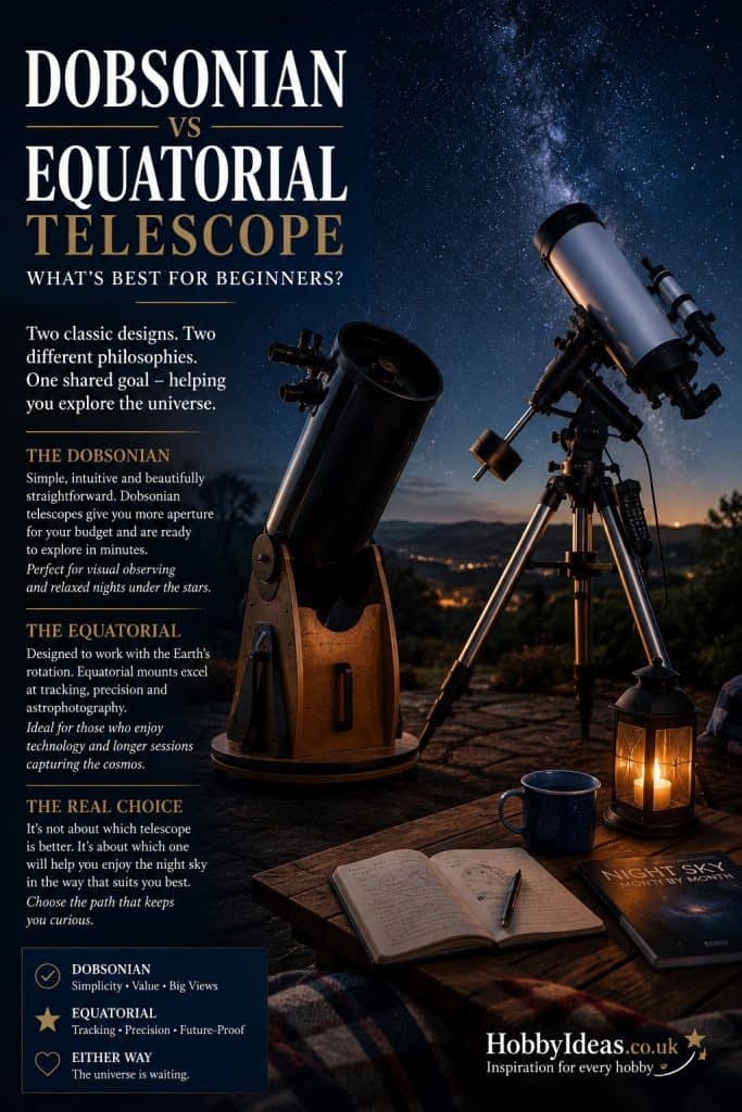 Magazine-style comparison showing Dobsonian and equatorial telescopes for beginners, highlighting setup, observing style, portability and best uses for each telescope mount