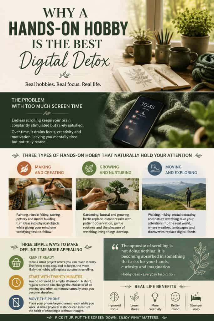 Magazine-style infographic showing why a hands-on hobby is the best digital detox, featuring creative hobbies, gardening, hiking and simple ways to reduce screen time naturally.