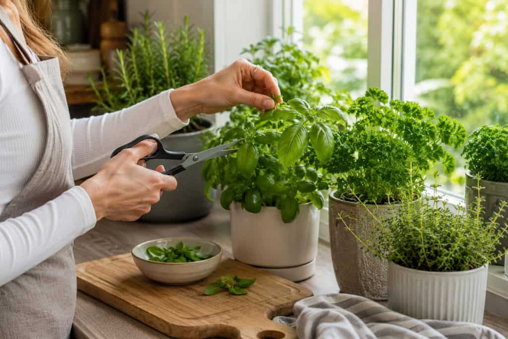 Harvesting fresh basil from an indoor herb garden on a sunny kitchen windowsill surrounded by healthy potted herbs.