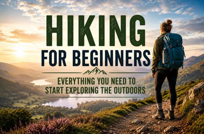 Hiking for beginners featured image showing a beginner hiker overlooking a scenic mountain landscape at sunrise