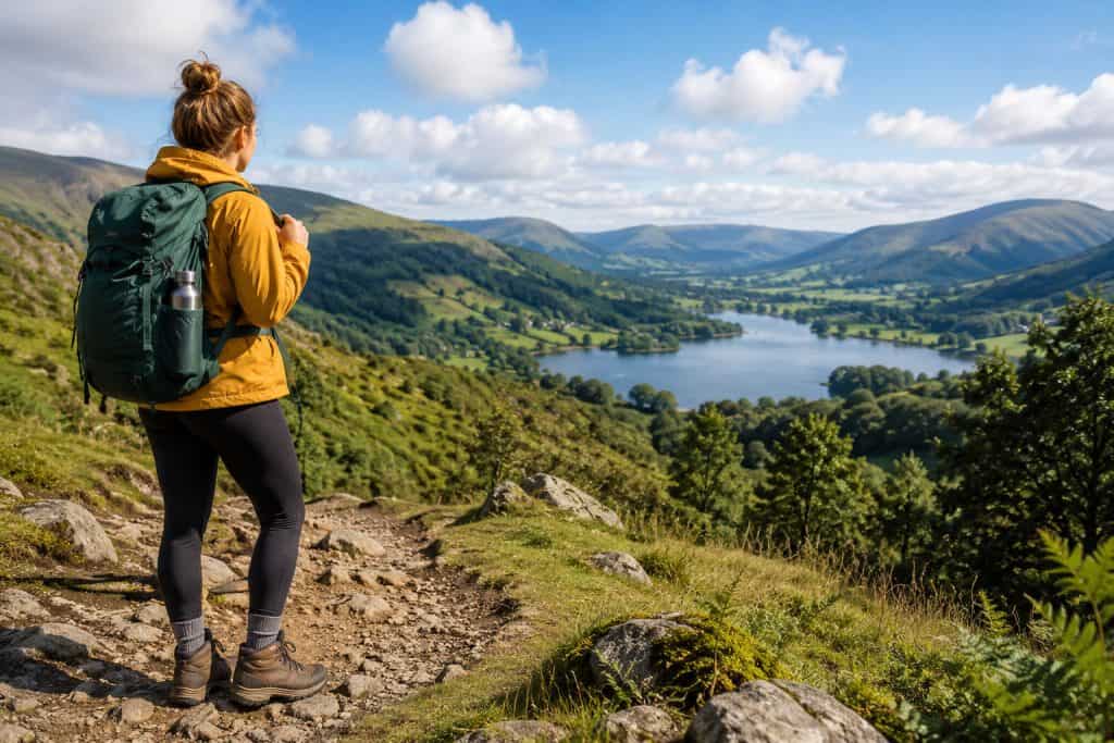 Hiking for beginners on a scenic countryside trail overlooking rolling hills and a lake in the British countryside
