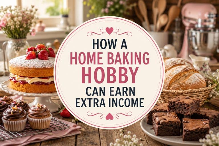 Home baking hobby featured image showing homemade cakes, brownies and fresh bread representing how a home baking hobby can earn extra income.