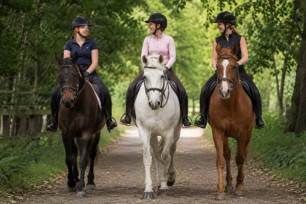Beginner horse riders enjoying a guided riding lesson along a woodland trail in the UK