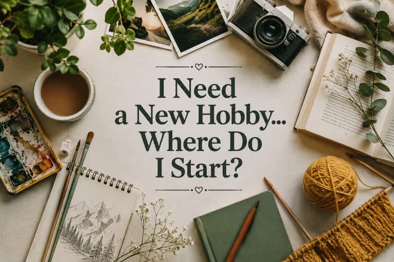 I need a new hobby featured image showing creative, outdoor and relaxing hobbies arranged around the title to inspire readers looking for a new hobby.