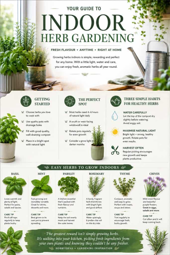 Indoor herb gardening magazine-style guide showing easy herbs to grow indoors, care tips and healthy herb growing habits.