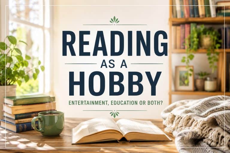 Reading as a hobby in a bright cosy reading nook with books, coffee and an open book
